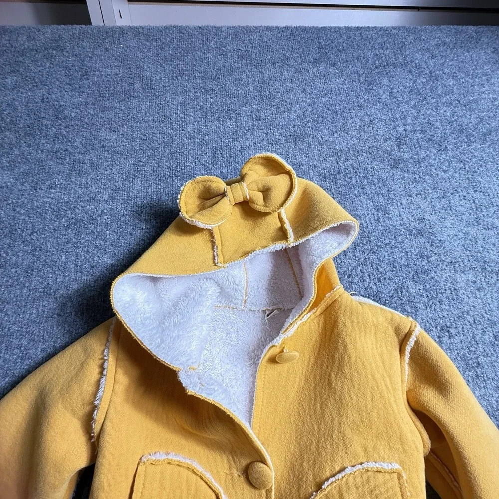 Mustard Yellow‎ Sherpa Lined Hooded Jacket Girls Peplum Coat with Bow Detail